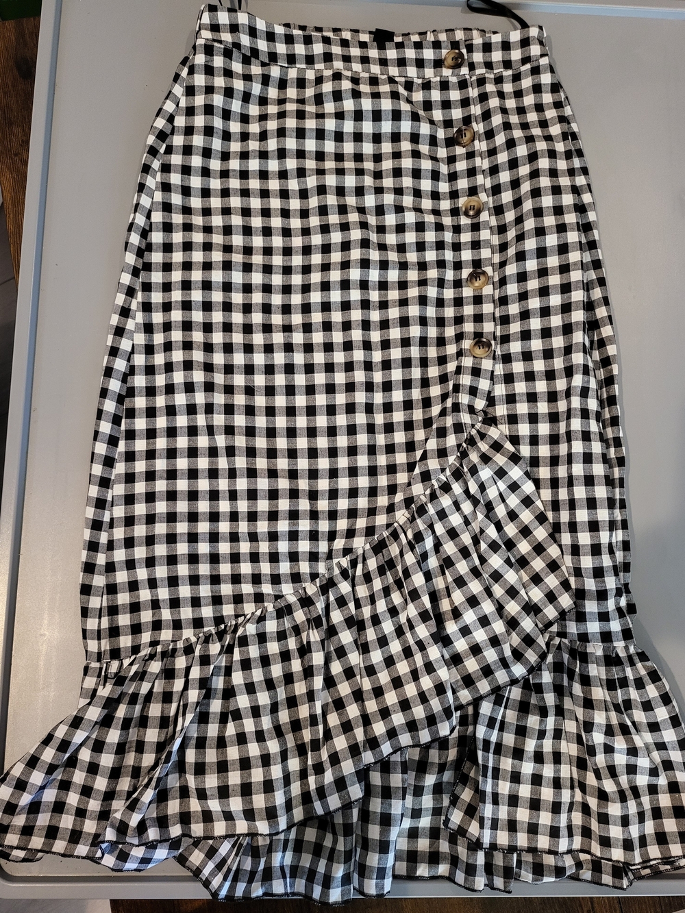 SHEIN Black & White Gingham Asymmetrical Ruffle Wrap Skirt